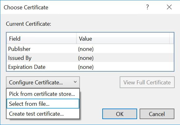 Choose certificate screen