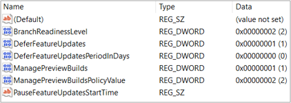 Screenshot: werte von Windows Update for Business in Registry Editor