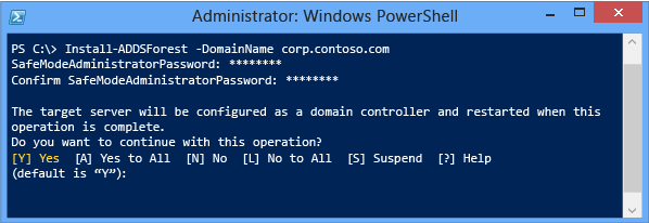 Screenshot eines Terminalfensters, in dem Install-ADDSForest angezeigt wird, in dem Sie daran erinnert werden, dass der Server automatisch neu gestartet wird.