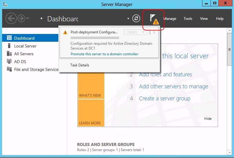Screenshot of the Server Manager showing the Post-deployment Configuration Warning icon.