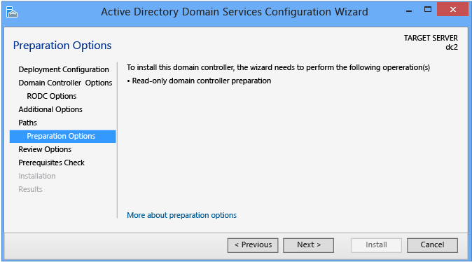 Screenshot of the Preparation Options page of the Active Directory Domain Services Configuration Wizard when there is no staging deployment.