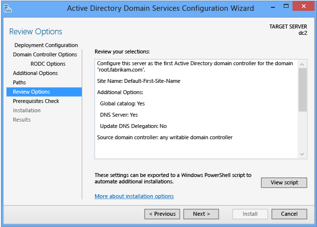 Screenshot of the Review Options page of the Active Directory Domain Services Configuration Wizard when there is no staging deployment.