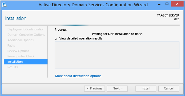 Screenshot of the Installation page of the Active Directory Domain Services Configuration Wizard.