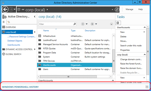 Screenshot that shows the Active Directory Administrative Center Windows PowerShell History Viewer.