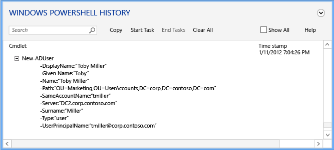 Screenshot that shows how to expand a line item to see all the values provided to the cmdlet's arguments.