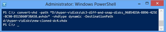 Screenshot of a terminal window that shows how to export the entire chain of a VM's disk snapshots and parent disk into a new single disk named DC4-CLONED.VHDX