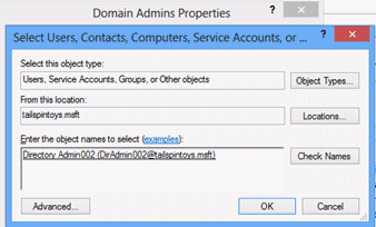 Screenshot that shows where to add the name of the account that will be given temporary Domain Admins privileges.