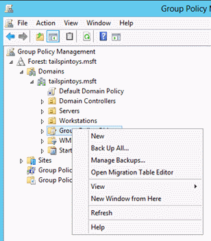 Screenshot that shows the menu that displays when you right-click Group Policy Objects.