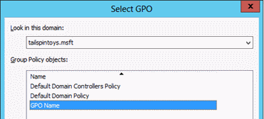 Screenshot that shows where to select the GPO you just created while you're linking the G P O to the member workstations and server.