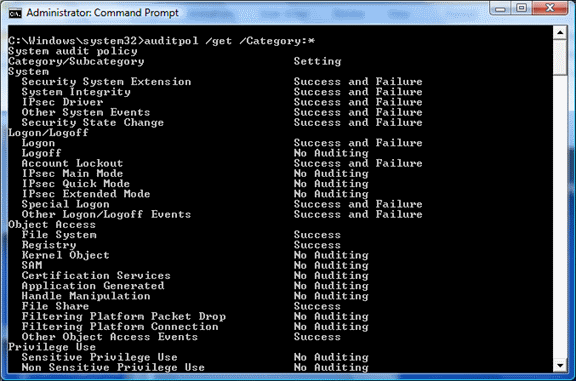 Screenshot that shows an example of auditpol.exe listing the current audit policy.