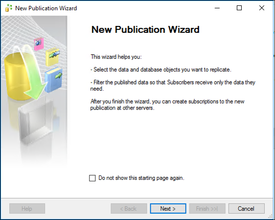 Screenshot that shows the New Publication Wizard screen.
