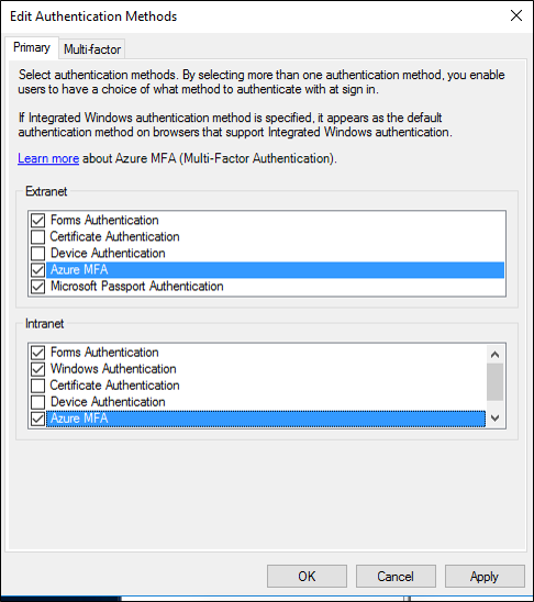 Screenshot des Dialogfelds „Authentifizierungsmethoden bearbeiten“, in dem die Option der Microsoft Entra-Multifaktor-Authentifizierung sowohl im Extranet- als auch im Intranet-Bereich hervorgehoben ist.