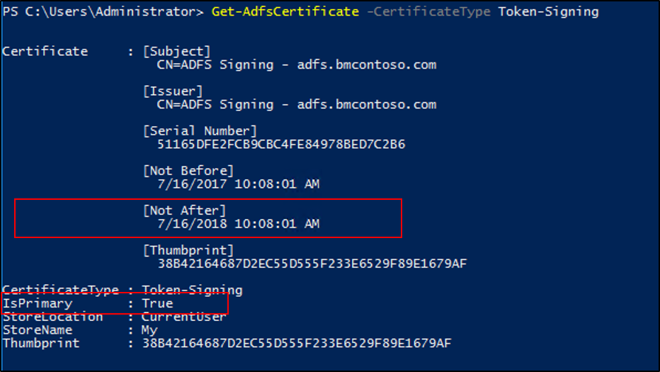 Screenshot of the PowerShell window, highlighting the Not After date and the Is Primary properties.