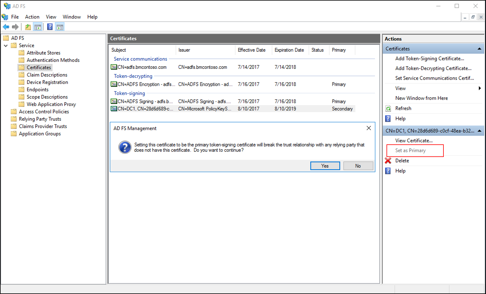 Screenshot of the AD FS dialog box, highlighting the Set as Primary option.