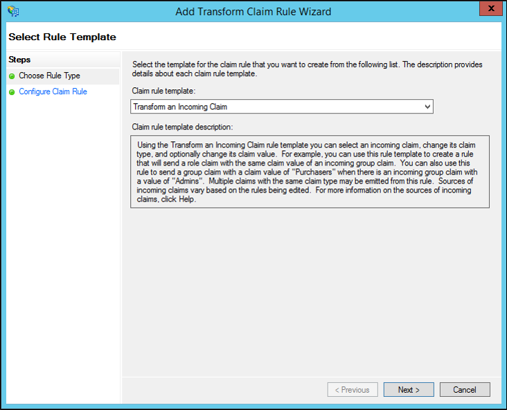 Screenshot that shows where to select Transform an Incoming Claim when you create a rule to issue an AD FS 1.x Name ID claim on Windows Server 2012 R2.