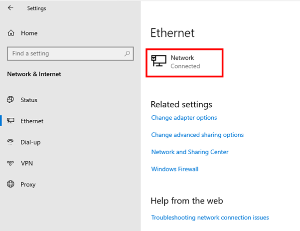 screen shot of ethernet settings