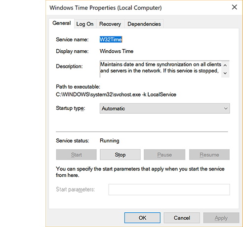 A screenshot of the Windows Time service properties box displaying its startup type set to automatic.