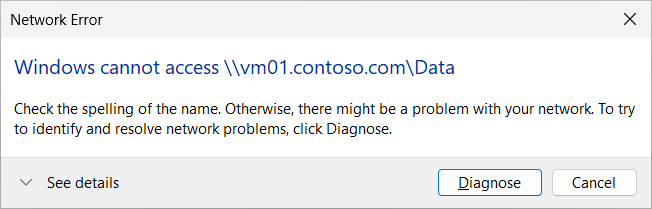 Ein Screenshot eines Dialogfelds mit Netzwerkfehler in Windows beim Zugriff auf eine SMB-Freigabe, der einen Authentifizierungsfehler aufgrund eines nicht unterstützten Verschlüsselungstyps anzeigt.