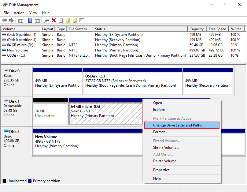 Screenshot showing the Disk Management window with the Change Drive Letter and Paths feature selected.