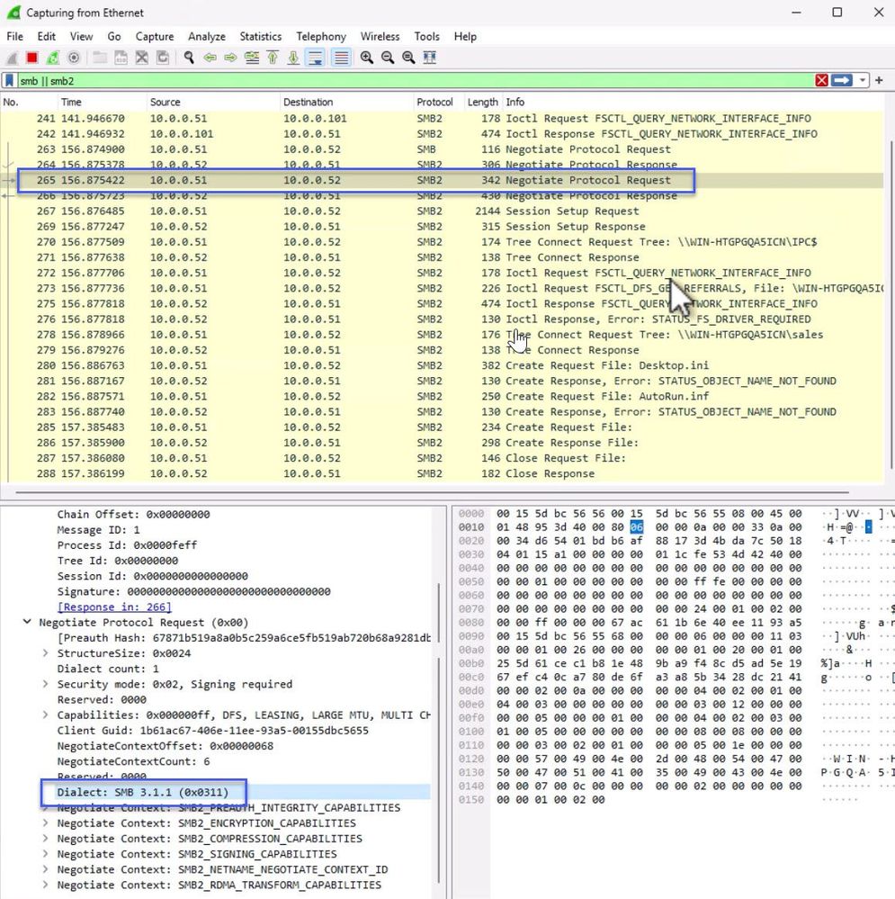 Screenshot showing ethernet capture of SMB session creation.