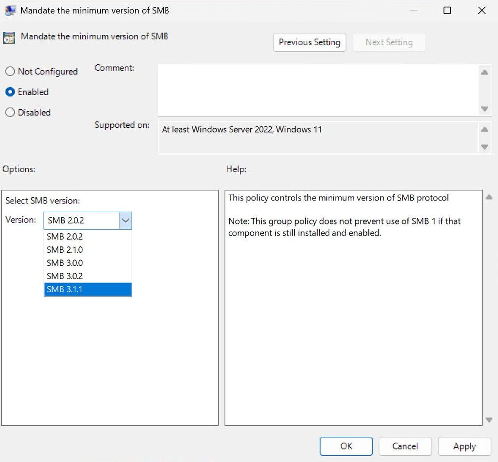 Screenshot showing group policy editor and select SMB version dropdown.