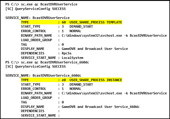 Screenshot einer Windows-Befehlszeilensitzung, die sc.exe qc für zwei Dienste ausgeführt wird und die Typwerte in der Ausgabe hervorgehoben ist.