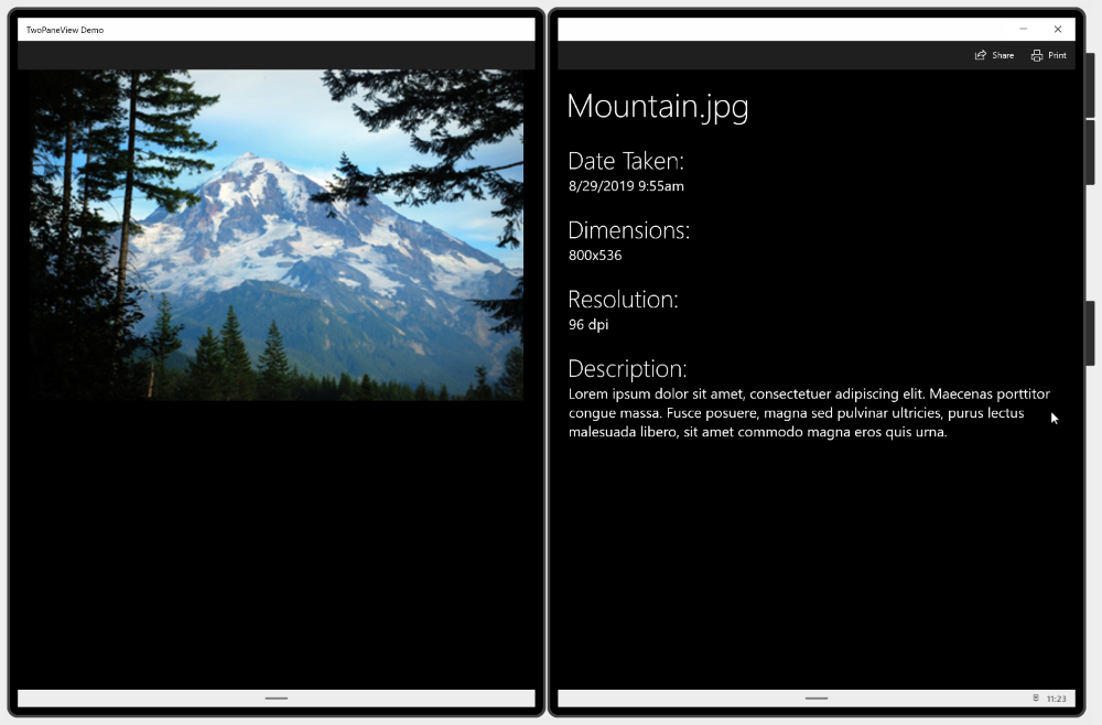 App in der Ansicht mit zwei Bereichen auf Doppelbildschirmen im Querformat-Modus