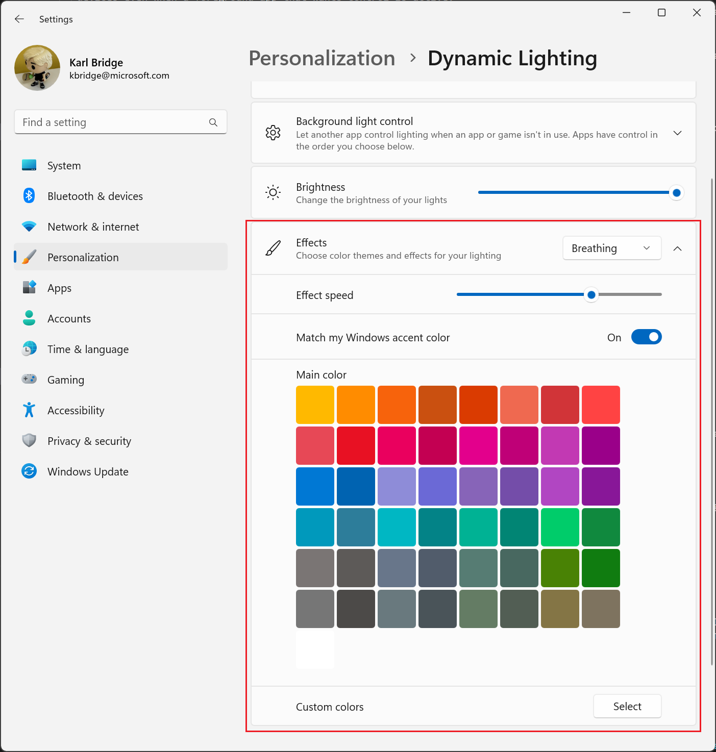 Screenshot des Effektbildschirms der Einstellungen für die dynamische Beleuchtung.