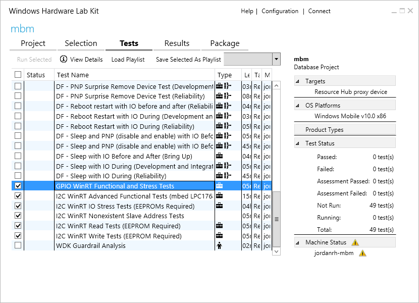 Screenshot vom Windows Hardware Lab Kit, der die Registerkarte „Tests“ mit ausgewählter Option „G P I O Win R T Functional and Stress Tests“ zeigt.