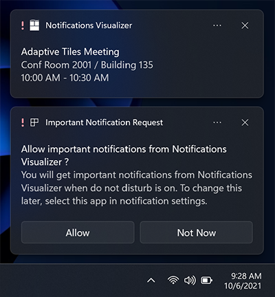 Screenshot einer dringenden App-Benachrichtigung mit einem Ausrufezeichen im Zuordnungsbereich neben dem App-Namen. Die Abbildung zeigt auch die vom System initiierte App-Benachrichtigung, die Schaltflächen für den Benutzer bereitstellt, um dringende Benachrichtigungen aus der App zuzulassen oder zu verbieten.