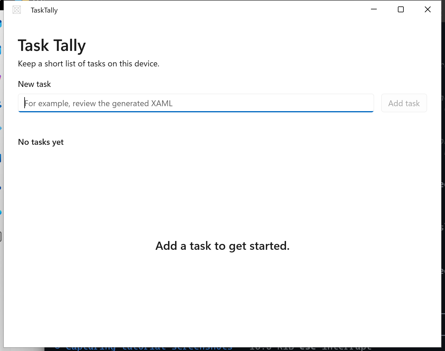 Task Tally im leeren Zustand mit einem Textfeld für eine neue Aufgabe, einer deaktivierten Schaltfläche „Aufgabe hinzufügen“ und einem Hinweis zum Hinzufügen der ersten Aufgabe.
