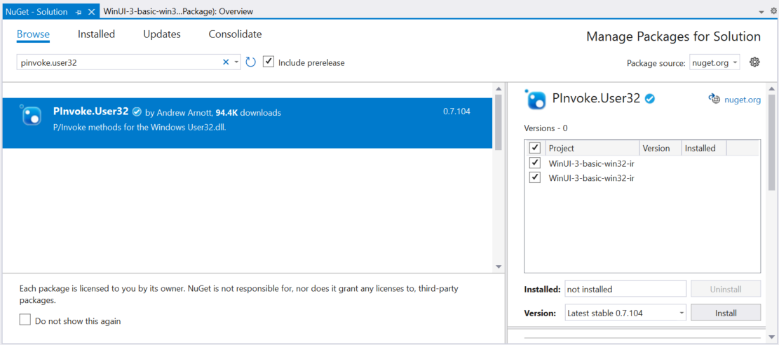Screenshot of the Visual Studio NuGet Package Manager with PInvoke.User32 selected.