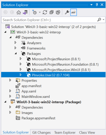 Screenshot of the Visual Studio Solution Explorer Packages with PInvoke.User32.