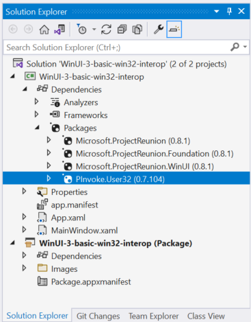 Screenshot: Visual Studio-Projektmappen-Explorer-Pakete mit „PInvoke.User32“.