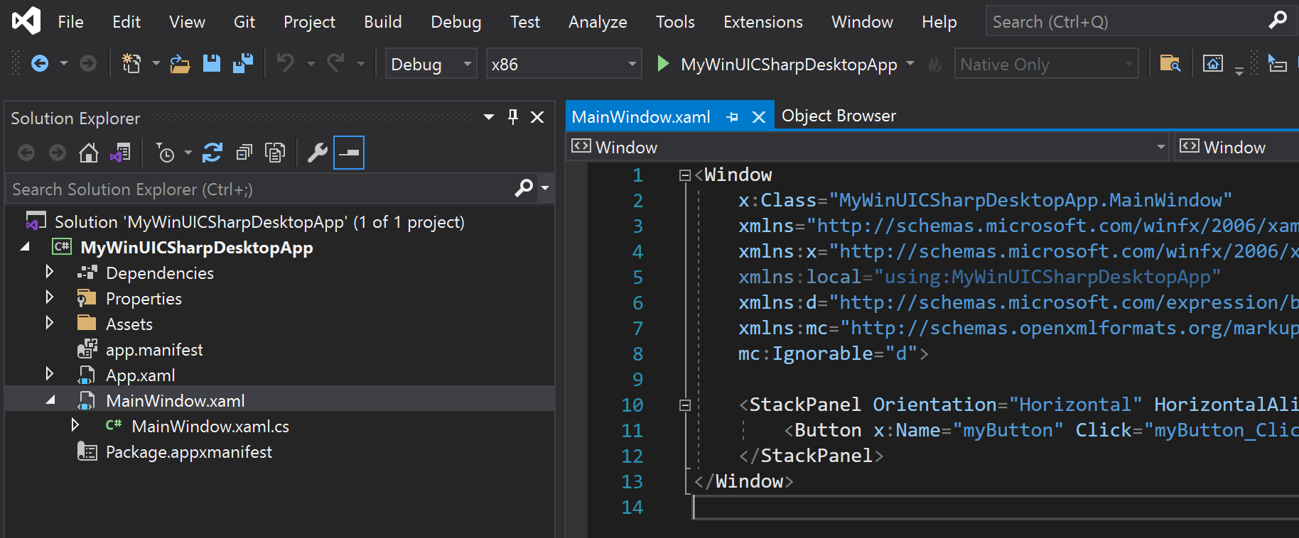 Screenshot: Visual Studio mit dem Projektmappen-Explorer-Bereich und den Inhalten der Datei „Main Windows X A M L Dot C S“ für MSIX für einzelne Projekte.