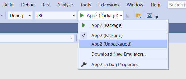 Visual Studio: Dropdownliste „Start“ mit hervorgehobenem Startprofil „Nicht gepackt“ für eine C#-Anwendung