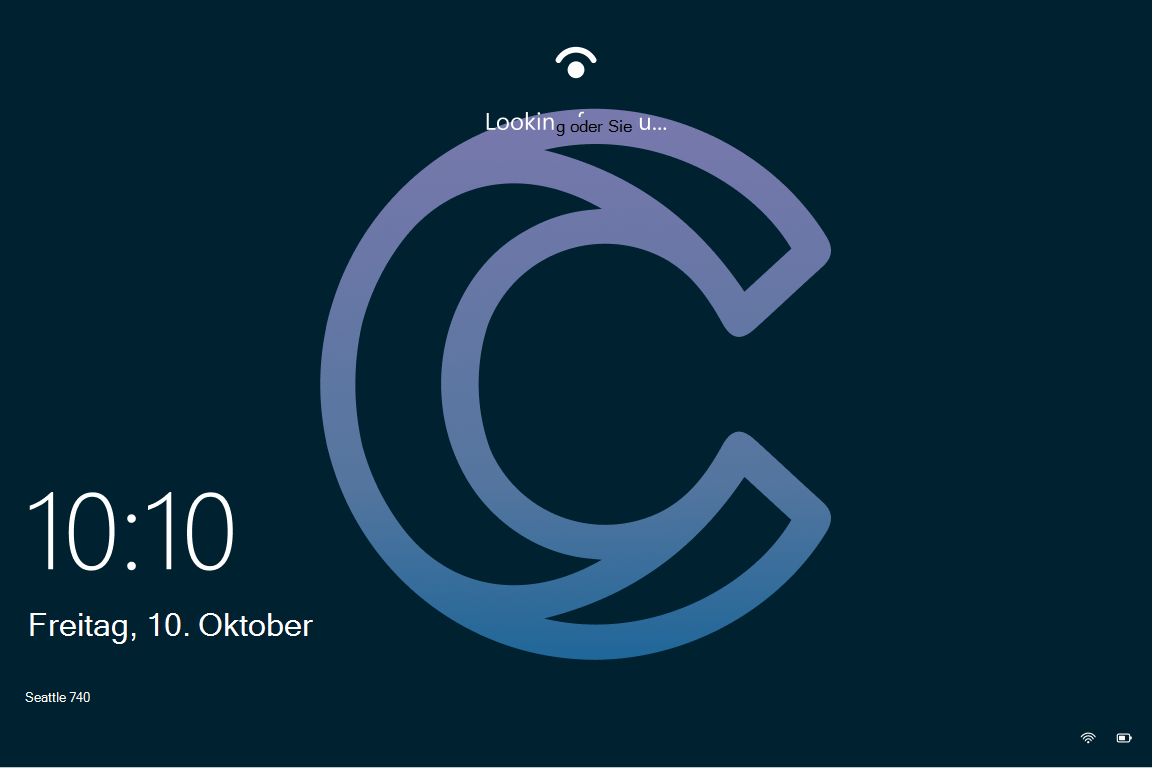 Screenshot des Windows 10 Sperrbildschirms mit aktiviertem Windows-Blickpunkt über einem organization Hintergrundbild.