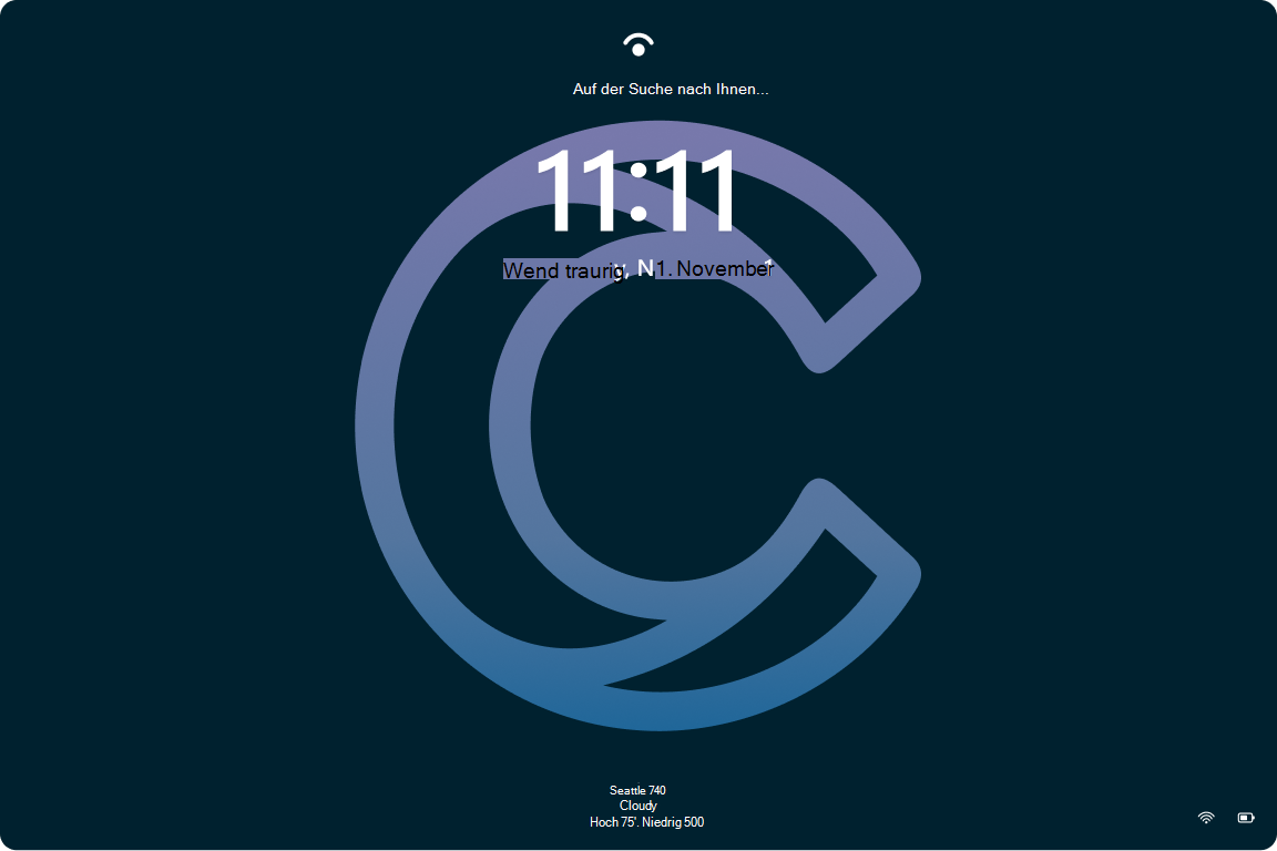 Screenshot des Windows 11 Sperrbildschirms mit aktiviertem Windows-Blickpunkt über einem organization Hintergrundbild