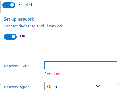 Aktivieren Sie im Windows-Konfigurations-Designer die Drahtlose Konnektivität, geben Sie die Netzwerk-SSID und den Netzwerktyp ein.
