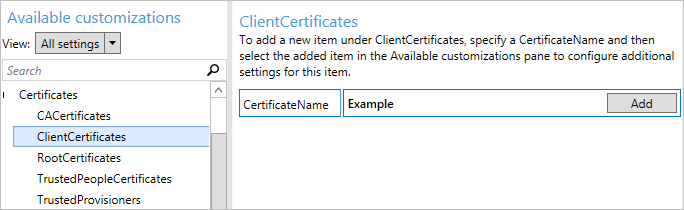 Geben Sie unter Windows Configuration Designer einen Namen für das Zertifikat ein.