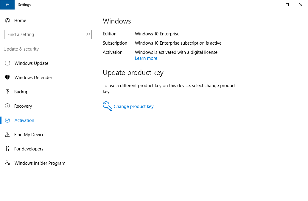 Screenshot: Windows 10 Enterprise Aktivierung in den Einstellungen, die fehlerfrei und erfolgreich aktiviert ist.