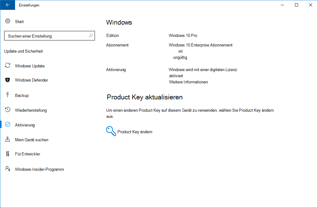 Screenshot: Windows 10 Enterprise Aktivierung in den Einstellungen, die aktiviert ist, aber das Abonnement nicht aktiv ist.