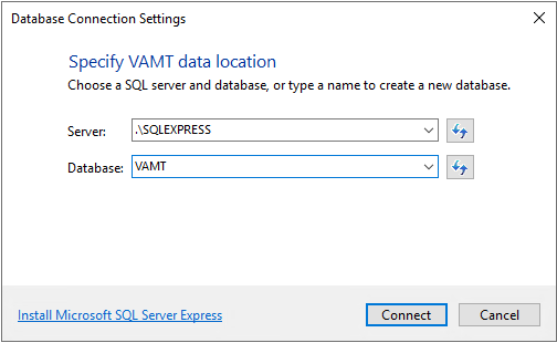 Der Servername lautet .\SQLEXPRESS, und der Datenbankname lautet VAMT.