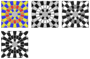 Abbildung mit vier Versionen eines Bilds: zuerst in Farbe, dann in drei verschiedenen Graustufenmustern