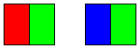 Abbildung eines Rechtecks mit rotem und grünem Bereich und dem gleichen Rechteck, in dem der rote Bereich durch blau ersetzt wurde