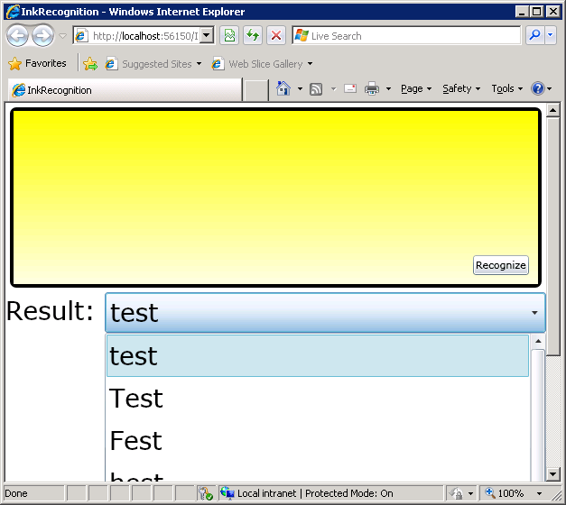 Anwendung in einerWebpagemit erkanntem Text in der Dropdownliste