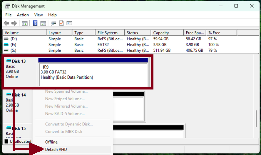 Screenshot des Datenträgerverwaltungstools, das zeigt, dass die VHD ausgewählt werden kann, und „VHD trennen“ eine Option im Aktionsmenü ist