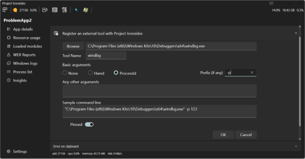 Screenshot von Windows Dev Home Project Ironsides mit Eingabefeldern zum Registrieren eines externen Tools.