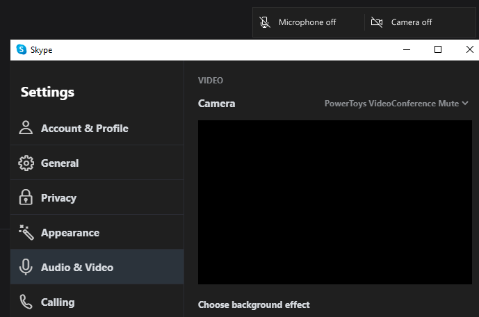 Video Conference Mute als Quelle in Skype ausgewählt.