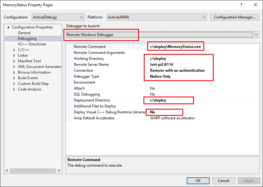 ConsoleApplication Remote Machine Project Settings
